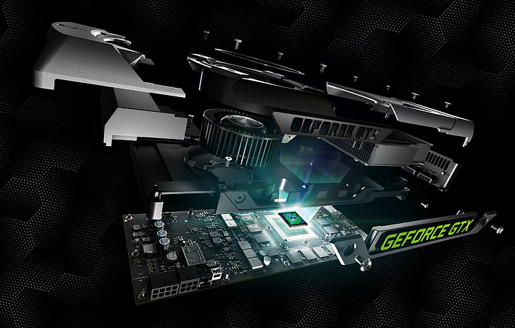 black GeForce GTX graphics card illustration, Nvidia, video card, HD wallpaper