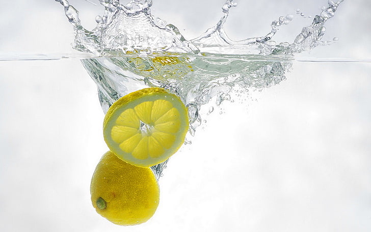 sliced lemon, white, water, squirt, background, food and drink, HD wallpaper