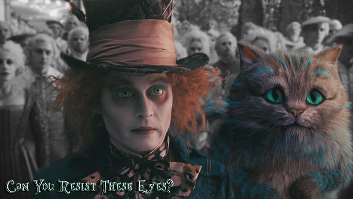 movies, Alice in Wonderland, cat, Johnny Depp, Mad Hatter, Cheshire Cat, HD wallpaper
