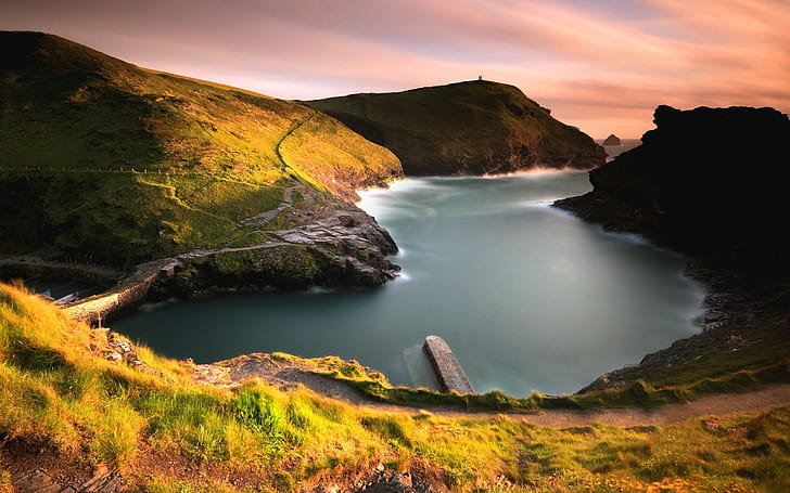 England, hills, landscape, bay, sea, path, nature, coast, grass, HD wallpaper
