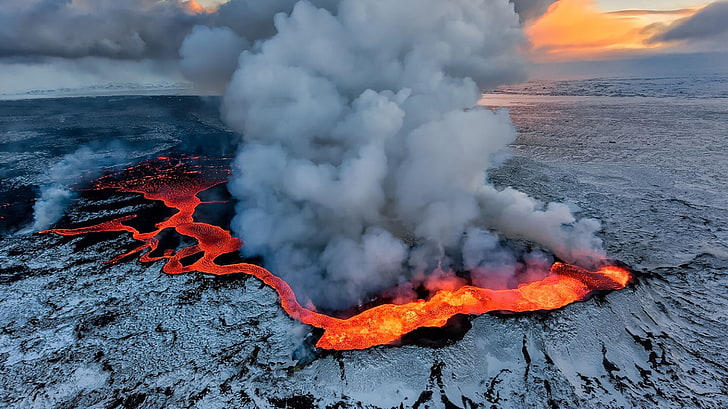 lava flow, lake, field, insect, landscape, volcano, geology, erupting