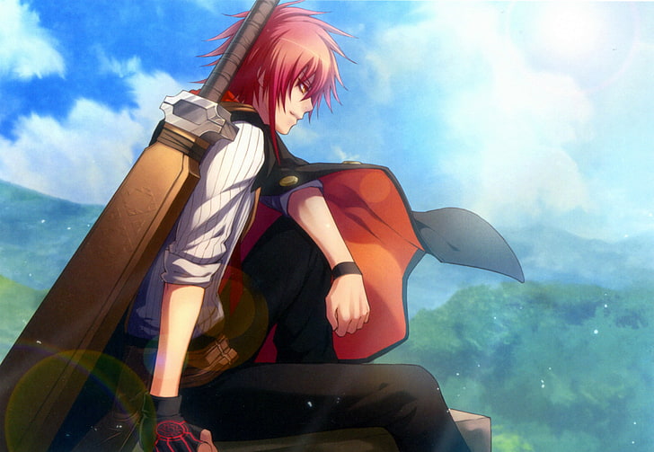 pink haired male anime character illustration, the sky, sword