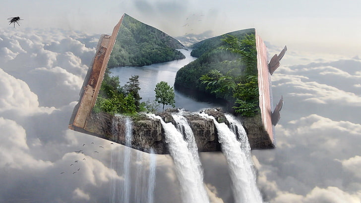 fantasy art, sky, 3D, floating, waterfall, Fly, scenics - nature