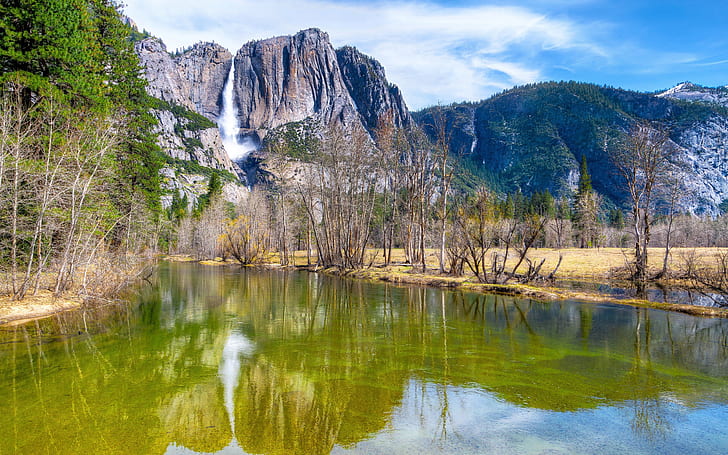 Yosemite National Park, Sierra Nevada, river, mountains, trees, waterfall, body of water
