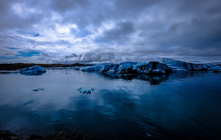 iceberg digital wallpaper, glacier, sea, snow, evening, nature