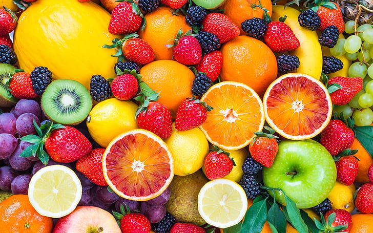 Fresh fruits, strawberries, raspberries, orange, apple, kiwi, grape, assorted fruits