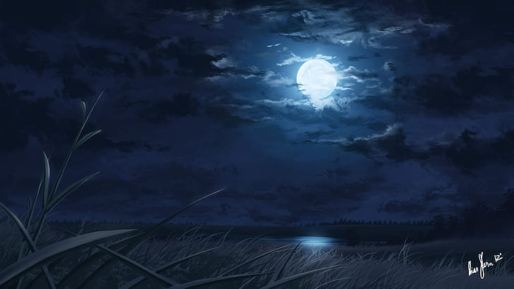 night, lake, the reeds, the moon, art, HD wallpaper