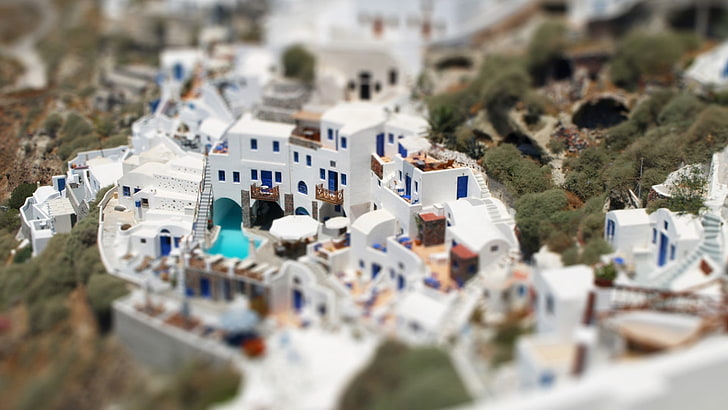 houses on mountain miniature, white and blue building scale model