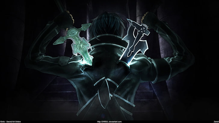 man holding two swords digital wallpaper, Sword Art Online, Kirigaya Kazuto, HD wallpaper