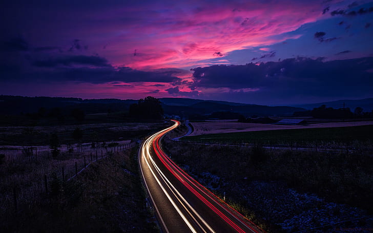 Switzerland, road traffic, lines light, sunset, twilight, purple sky, HD wallpaper