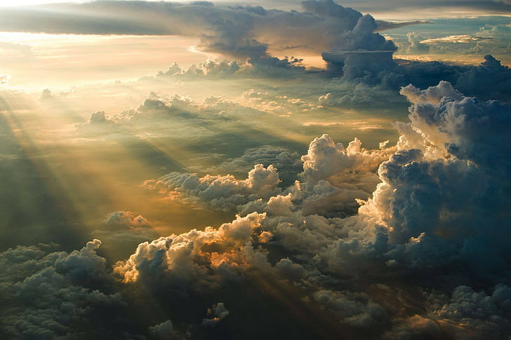 clouds, Sun, sunlight, sky, aerial view, nature, sun rays, HD wallpaper