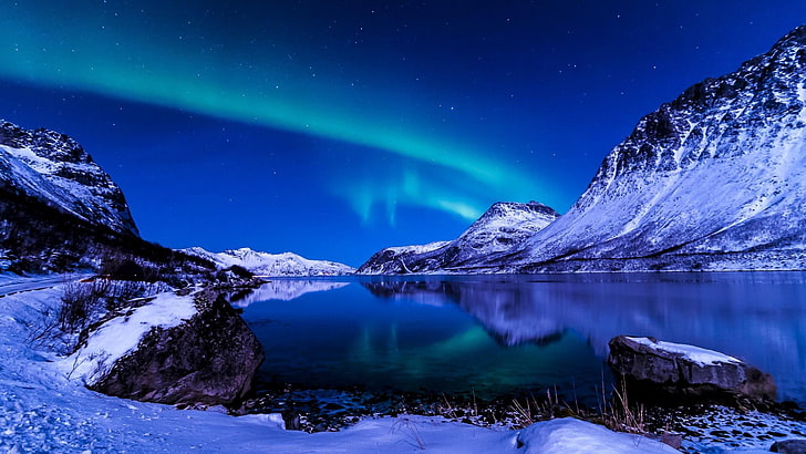 mountain, aurora borealis, lake, sky, snow, nature, atmosphere, HD wallpaper