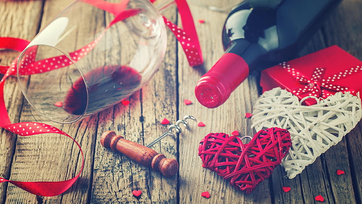 romantic, love, valentine day, valentines day, hearts, wine, HD wallpaper