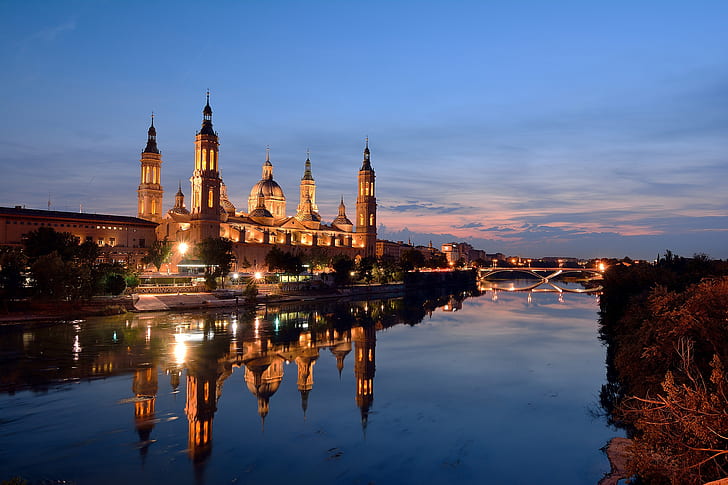 lights, the evening, Spain, Zaragoza, Nuestra-Senora-del-Pilar, HD wallpaper
