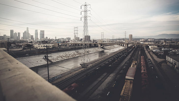 vehicle, cityscape, train, railway, Los Angeles, power lines, HD wallpaper