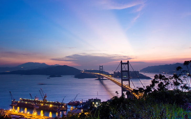 Golden Gate bridge, nature, landscape, Hong Kong, city, night