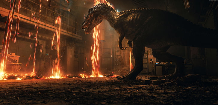 Jurassic World: Fallen Kingdom, 5K, dinosaur, fire, fire - natural phenomenon