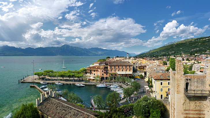 Man Made, Town, Boat, House, Italy, Lake, Mountain, Torri Del Benaco, HD wallpaper