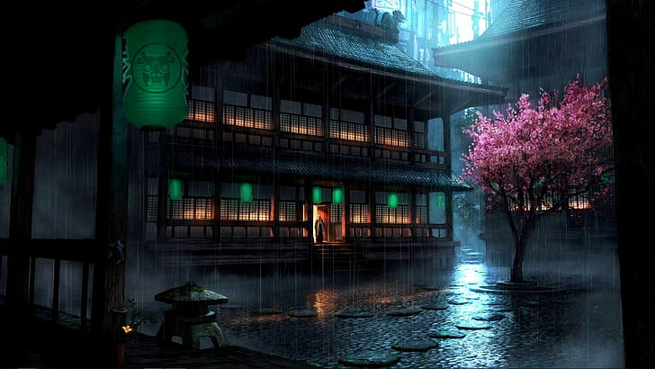 asian architecture cherry blossom paper lantern rain, HD wallpaper