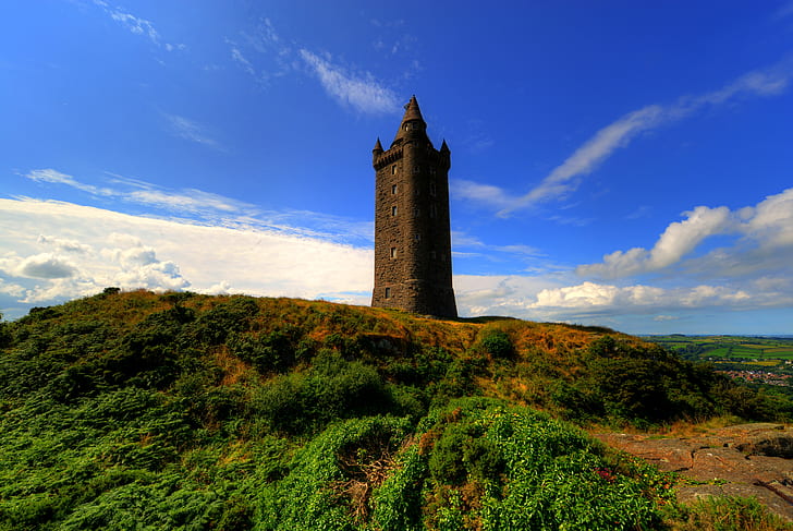 the sky, clouds, field, tower, hill, Ireland, Scrabo Tower