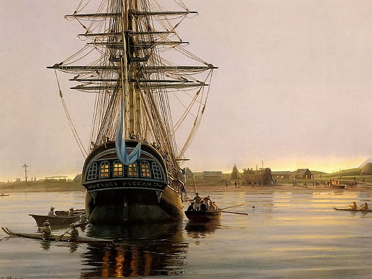 black galleon ship, sailing ship, vehicle, rowboat, artwork, water