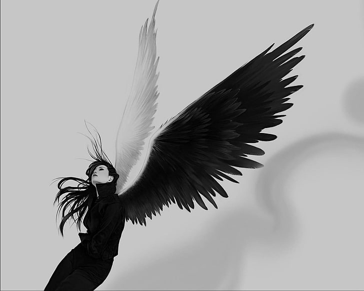 woman with black and white wings artwork, women, angel, fantasy art