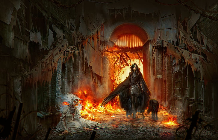 woman beside wolf wallpaper, fire, DeviantArt, fantasy art, burning