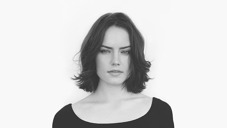 grayscale of woman scoop-neck top, face, women, Daisy Ridley