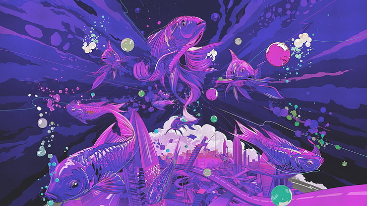 purple and pink pink digital artwork, fish, underwater, beauty in nature