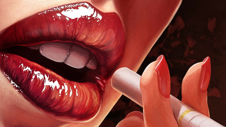 painted nails, mouth, digital art, artwork, women, red, cigarettes