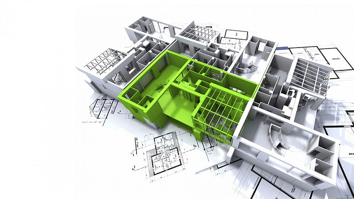 house, building, 3D, blueprints, interior, green color, white background
