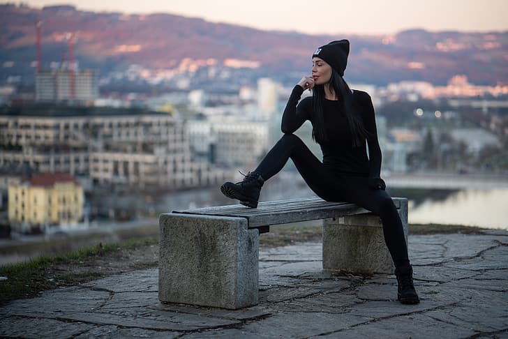 girl, pose, bench, cap, in black, Hanna, Martin Ecker, HD wallpaper
