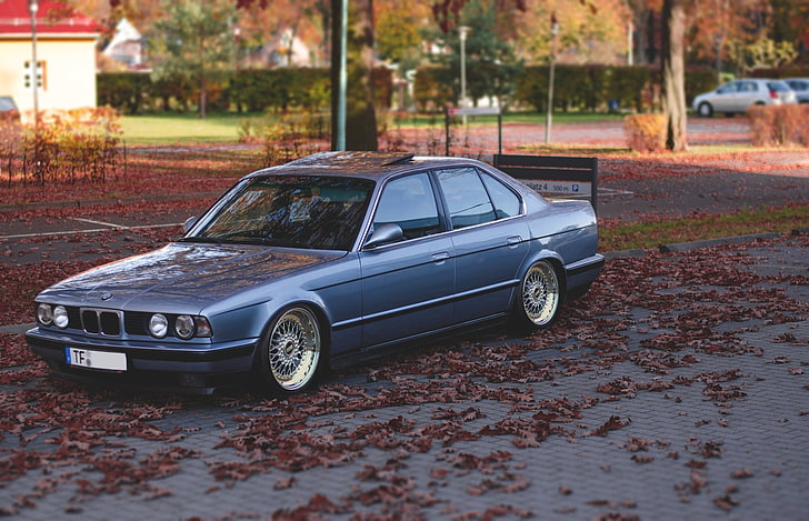 blue BMW sedan, autumn, tuning, drives, classic, stance, e34, HD wallpaper