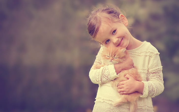 Cute girl holding a cat, smile, HD wallpaper