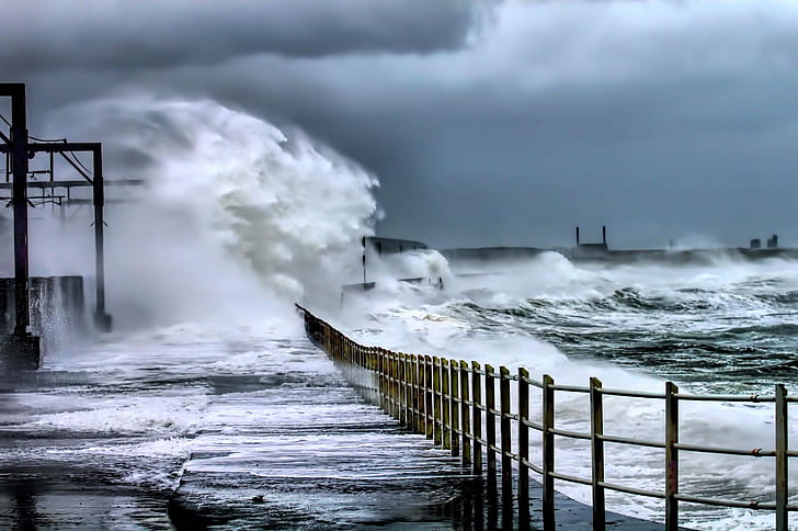 sea wave on seawall, Saltcoats, Storm, Scotland, Waves, pier, HD wallpaper
