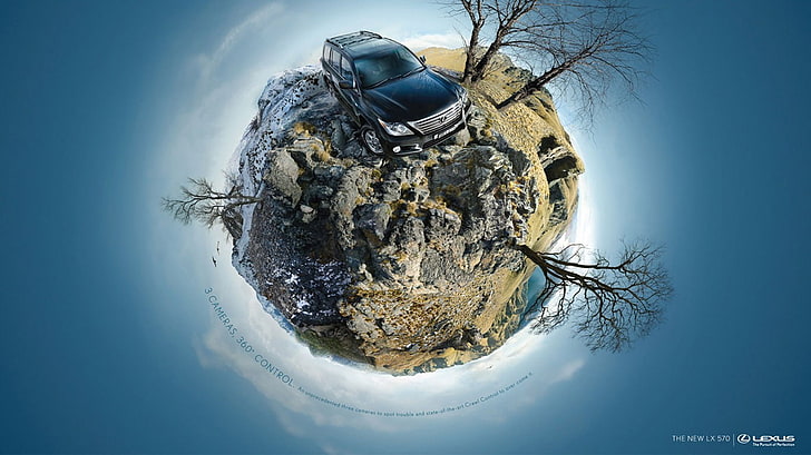artwork, panoramic sphere, car, trees, nature, snow, cold temperature