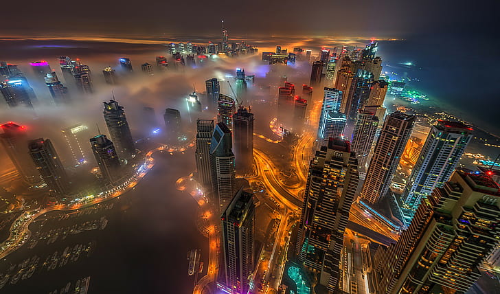 Dubai Fog, marina, city, architecture