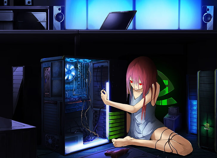 woman repairing computer tower wallpaper, Nvidia, original characters