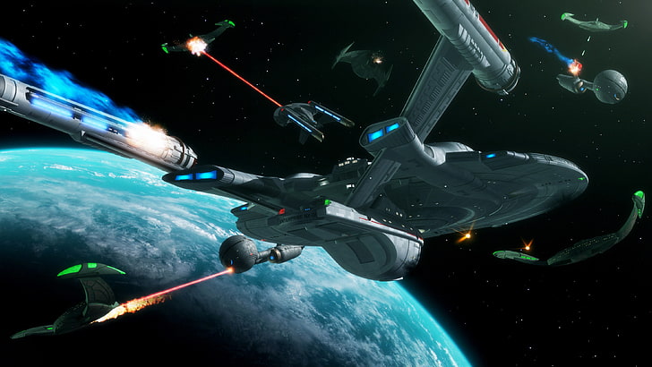 gray space ship, Star Trek, USS Enterprise (spaceship), battle