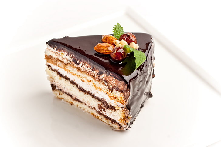 chocolate cake, nuts, almonds, hazelnuts, chunk, dessert, food, HD wallpaper
