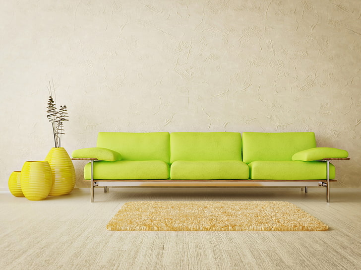 green leather 3-seat sofa, design, style, room, interior, minimalism, HD wallpaper