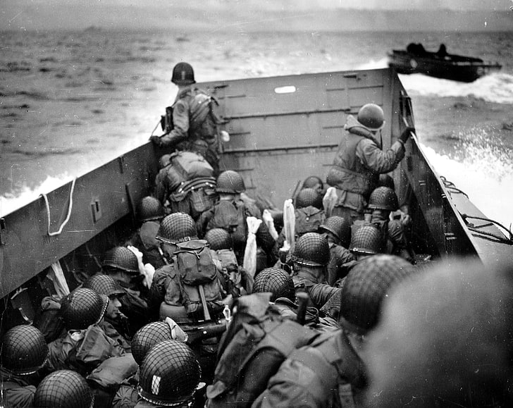 combat helmet lot, military, World War II, Omaha Beach, people