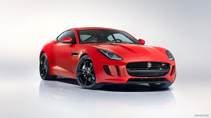 Jaguar F-Type Coupe, car, red cars, vehicle, gray background