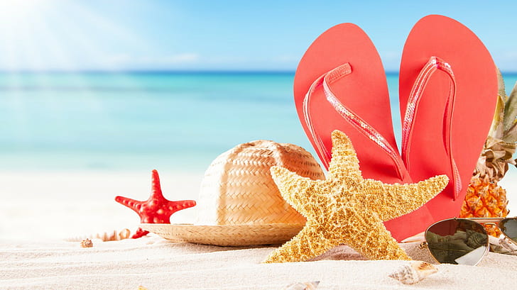 Sea, sand, beach, women's pink rubber flipflops with aviator sunglasses and woven sun hat