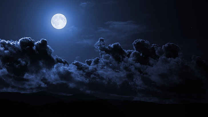 moon digital wallpaper, night, sky, clouds, dark, full moon, cloud - sky