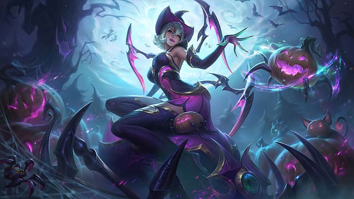 witch, sorceress, Elise (League of Legends), Halloween, pumpkin, HD wallpaper