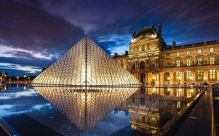 France, Paris, Louvre Museum, architecture, pyramid, night, water, lights
