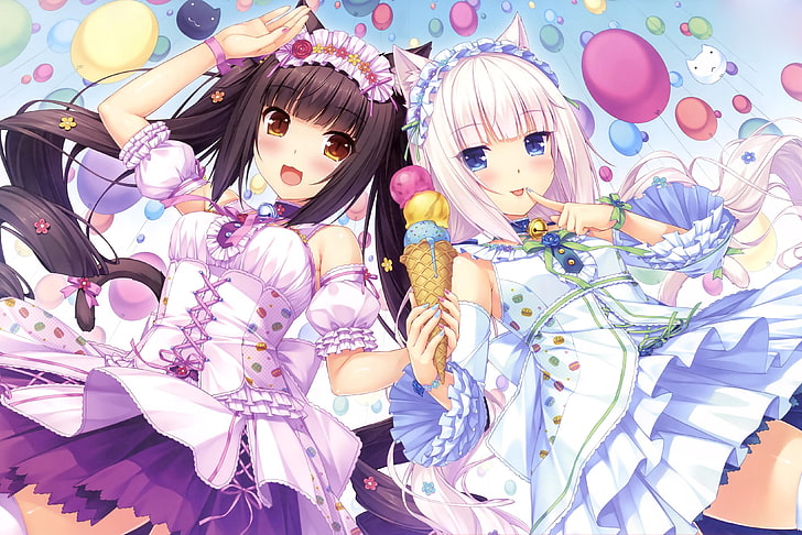 two female anime on white dresses wallpaper, anime girls, cat girl