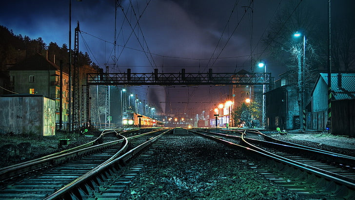 gray train rail, train rails photo during nighttime, HDR, photography