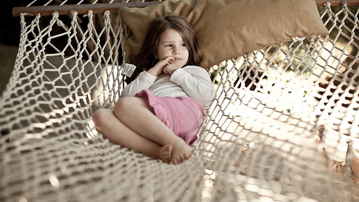 little girl, hammocks, children, brunette, relaxing, childhood, HD wallpaper